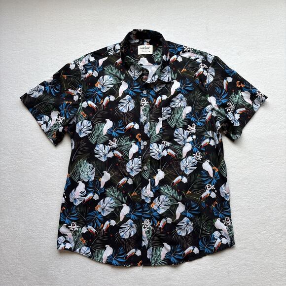 Tunevuse Men Medium Hawaiian Shirt Toucan Cockatoos Bird Floral Black - Picture 1 of 12
